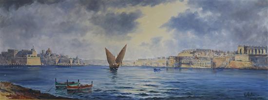 Joseph Galea, oil on canvas board, Valetta Harbour, Malta, signed and dated 1918, 18 x 46in.
